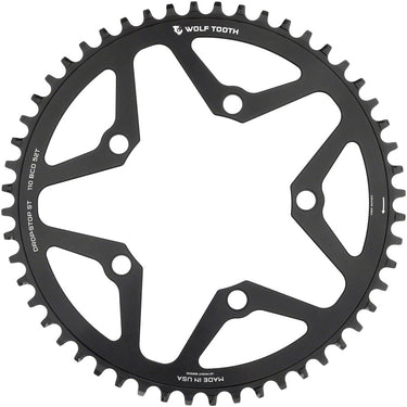 Wolf Tooth 110 BCD Gravel CX Road Chainring - 52t 110 BCD 5-Bolt Drop-Stop ST For Shimano HG+ KMC 12-Speed Chains BLK