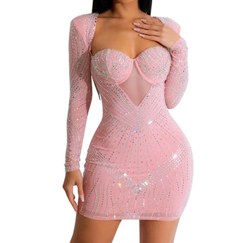 Zoctuo Womens Sexy Elegant Rhinestone Long Sleeve Birthday Dresses Sparkly Party Club Night Outfits(6706PinkXL)