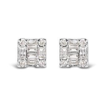 10K White Gold 1/7 Cttw Round and Baguette Diamond Mosaic Square Stud Earrings (H-I Color, I1-I2 Clarity)