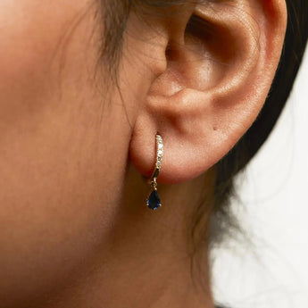 10K Yellow Gold Pear Blue Sapphire and 1/10 Cttw Diamond Drop and Dangle Huggy Hoop Earrings (H-I Color, I1-I2 Clarity)