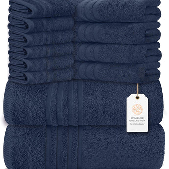 12 Pcs Bath Towel Set for Bathroom Wealuxe Collection 100% Cotton Soft Navy Blue