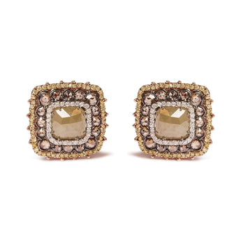 14K Rose Gold 5 7/8 Cttw Fancy Color Rose Cut Diamond Cushion Shape Triple Halo Stud Earring (Fancy Color, I2-I3 Clarity)