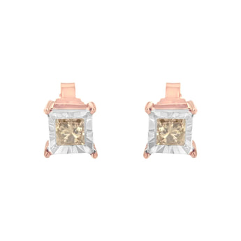 14K Rose Gold Plated Two-Tone .925 Sterling Silver 1/2 Cttw Princess-Cut Square Diamond Solitaire Miracle-Plate Stud Earrings (K-L Color, I2-I3 Clarity)