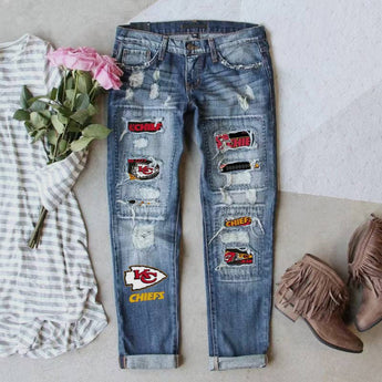 Women's Mid-waist Straight Ripped Printed Jeans Chiefs - Gio's Outdoors