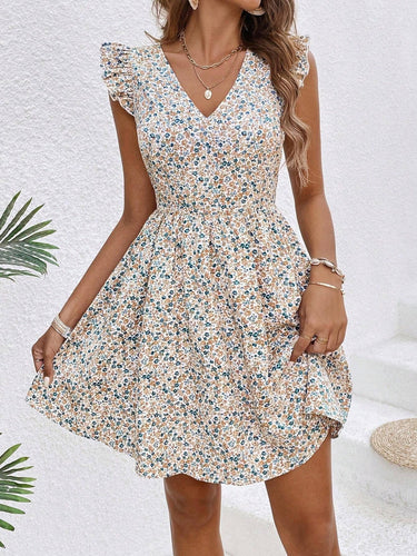 FLORAL PRINT RUFFLED SLEEVE COVERED V-NECK DRESS - Gio's Outdoors