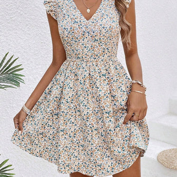 FLORAL PRINT RUFFLED SLEEVE COVERED V-NECK DRESS - Gio's Outdoors