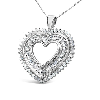 .925 Sterling Silver 1.0 Cttw Baguette and Round Diamond  Heart Pendant 18" Necklace (H-I Color, I3 Clarity)