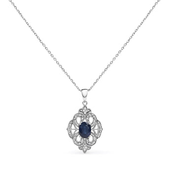 .925 Sterling Silver 7x5 MM Oval Blue Sapphire and Diamond Accent Art Deco Style Shield Shaped 18" Pendant Necklace (I-J Color, I3 Clarity)