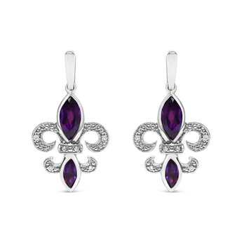 .925 Sterling Silver Marquise Cut Amethyst and Diamond Accent Fleur De Lis Dangle Stud Earrings (H-I Color, SI1-SI2 Clarity)