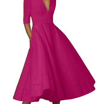 YMING Ladies 50s Vintage V Neck Cocktail Dress Plain Half Sleeve Party Cocktail Dress with Pockets Rose 3XL