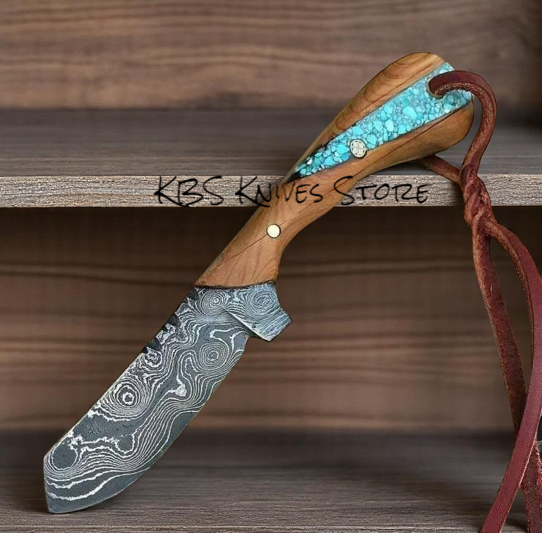 Custom 3.75 Inch Cowboy Cutter - Damascus Steel with Walnut Wood Turquoise Handle - Gio's Outdoors