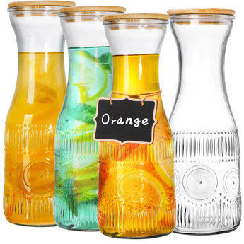 YOUEON 4 Pack 1 Liter Glass Carafe with Lid Clear Glass Pitcher with Bamboo Lid and Chalkboard Tags Water Carafes Juice Carafes for Water Juice Iced Tea Soda Lemonade Mimosa Bar