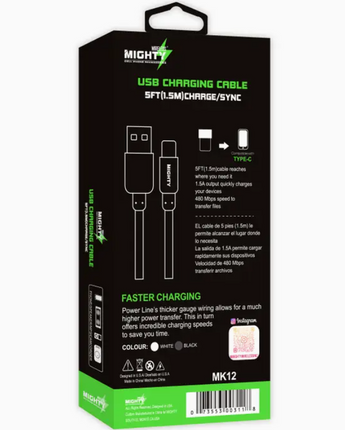 Mighty Fast Charging 5ft Type-C Cable Black MK12