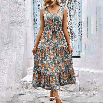 V-neck print loose high waist vest style long dress - Gio's Outdoors
