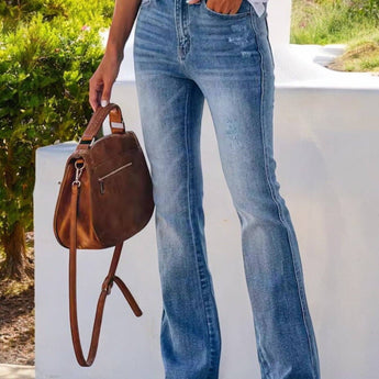 Women's High Waist Flare Jeans with Light Distressing and Classic Fit - Gio's Outdoors