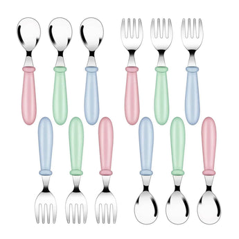 12 Pack Toddler Spoons and Forks Stainless Steel Baby Utensils Kids Cutlery Toddler Silverware Set with Round Handle for Self Feeding Safe Flatware Dining Lunch Box Home Kitchen