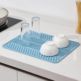 12x16" Silicone Dish Drying Mat Heat Resistant Drying Mat Coffee Machine MatElectric Oven MatAir Fryer MatRefrigerator Liner Sink Mat Non-slip Dish Drainer Mat (BLUE)