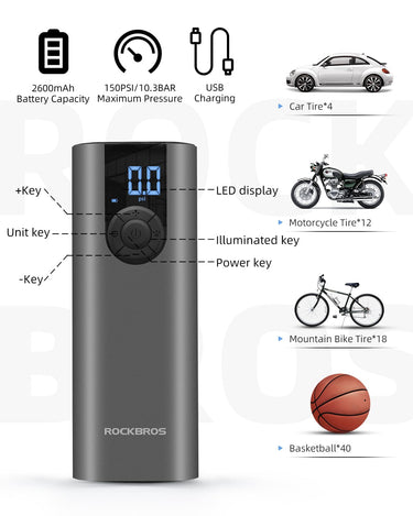 ROCKBROS A8 Electric Bike Pump 150 Psi Inflator Portable Air Compressor 2*2600 mAh - Gio's Outdoors -ROCKBROSUSA