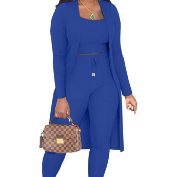 Women‘s 3 Piece Lounge Set Pajamas Set Long Cardigan Crop Tank Drawstring Pants Loungewear Outfits