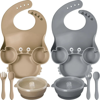10 Pcs Baby Led Weaning Supplies Silicone Baby Feeding Set with Divided Plate Adjustable Bib Suction Bowl Soft Spoon Fork Toddler Self Eating Utensil Set (Khaki Dark Gray)