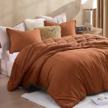WRENSONGE King Size Comforter Set Burnt Orange Ultra Soft Fuzzy Sherpa Fleece Comforter 3 Pieces Backing Reversible Washed Comforter King Size Plush Sherpa Comforter King for Winter Autumn